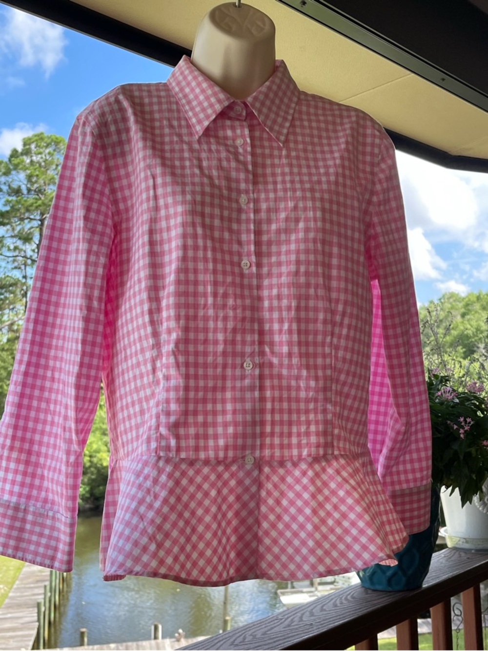 LAUREN Ralph Lauren Tailored Checkered Peplum Button Down Woman’s Top SZ-12 NWT